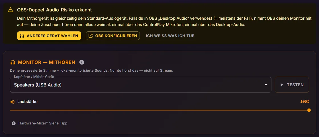 Audio-Einstellungen mit dem Banner „OBS-Doppel-Audio-Risiko erkannt“ über der Karte Monitor und ihrer Auswahl „Kopfhörer / Mithör-Gerät“