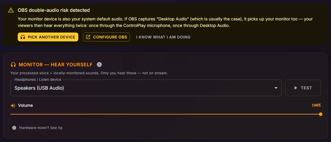 Audio settings with the OBS double-audio risk detected banner above the Monitor card and its Headphones / Listen device picker