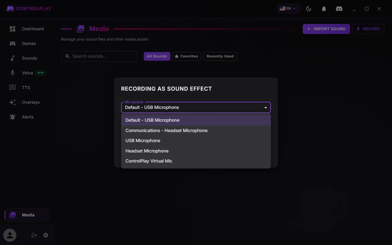 Recording as sound effect window with the Microphone list open: Default and Communications entries, USB Microphone, Headset Microphone and ControlPlay Virtual Mic