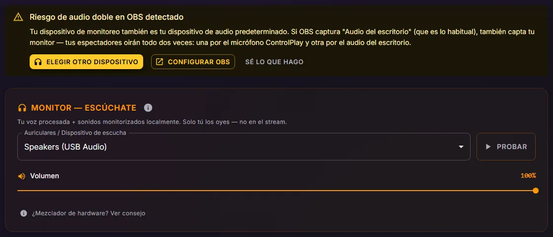 Ajustes de Audio con el banner Riesgo de audio doble en OBS detectado sobre la tarjeta Monitor y su selector Auriculares / Dispositivo de escucha