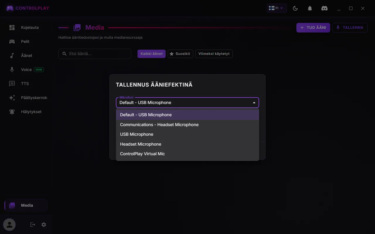 Tallennus ääniefektinä -ikkuna, jossa Mikrofoni-lista auki: Default- ja Communications-vaihtoehdot, USB Microphone, Headset Microphone ja ControlPlay Virtual Mic