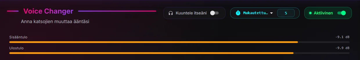 Voice-sivu, jonka yläreunassa Kuuntele itseäni -kytkin ja Sisääntulo- ja Ulostulo-mittarit oranssilla alueella