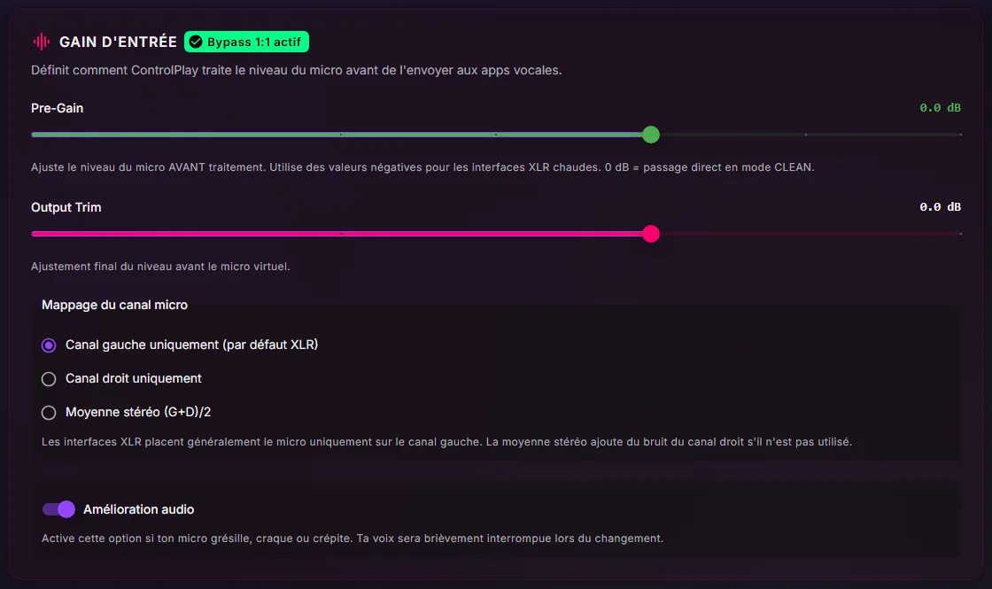 Carte Gain d'entrée dans les paramètres Audio avec Pre-Gain et Output Trim à 0 dB, Mappage du canal micro sur Canal gauche uniquement (par défaut XLR) et Amélioration audio activée