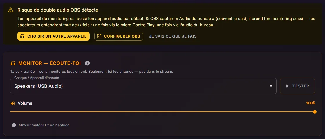 Paramètres Audio avec la bannière Risque de double audio OBS détecté au-dessus de la carte Monitor et de son sélecteur Casque / Appareil d'écoute