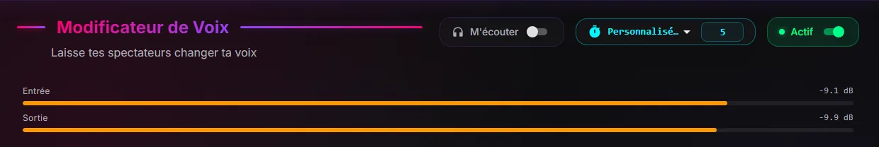 Page Modificateur de Voix avec l'interrupteur M'écouter en haut et les vumètres Entrée et Sortie dans la zone orange