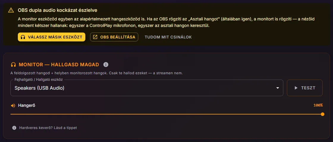 Az Audio beállítások az OBS dupla audio kockázat észlelve figyelmeztetéssel a Monitor kártya és a Fejhallgató / Hallgató eszköz választó fölött