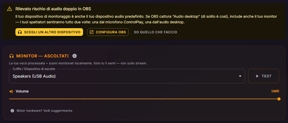 Impostazioni Audio con il banner Rilevato rischio di audio doppio in OBS sopra la scheda Monitor e il selettore Cuffie / Dispositivo di ascolto