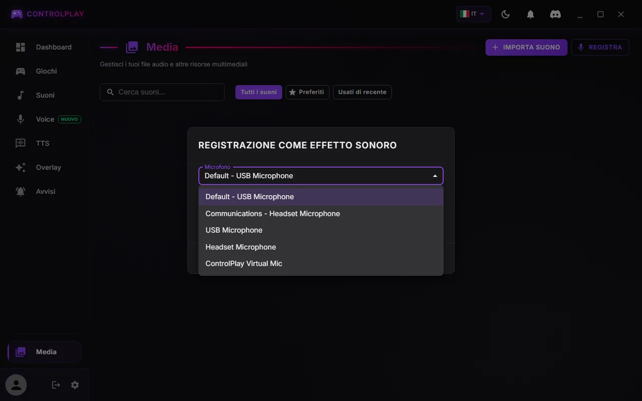 Finestra Registrazione come effetto sonoro con la lista Microfono aperta: voci Default e Communications, USB Microphone, Headset Microphone e ControlPlay Virtual Mic