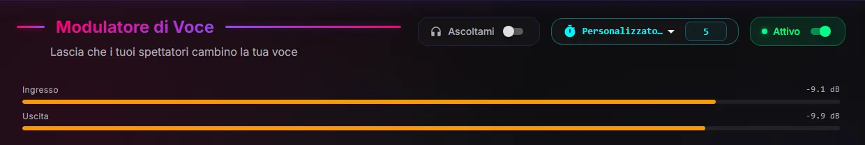 Pagina Modulatore di Voce con l'interruttore Ascoltami in alto e i misuratori Ingresso e Uscita nella zona arancione