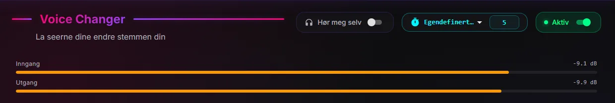 Voice-siden med bryteren Hør meg selv øverst og målerne Inngang og Utgang i det oransje feltet
