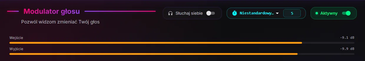 Strona Modulatora głosu z przełącznikiem Słuchaj siebie u góry oraz miernikami Wejście i Wyjście w pomarańczowej strefie
