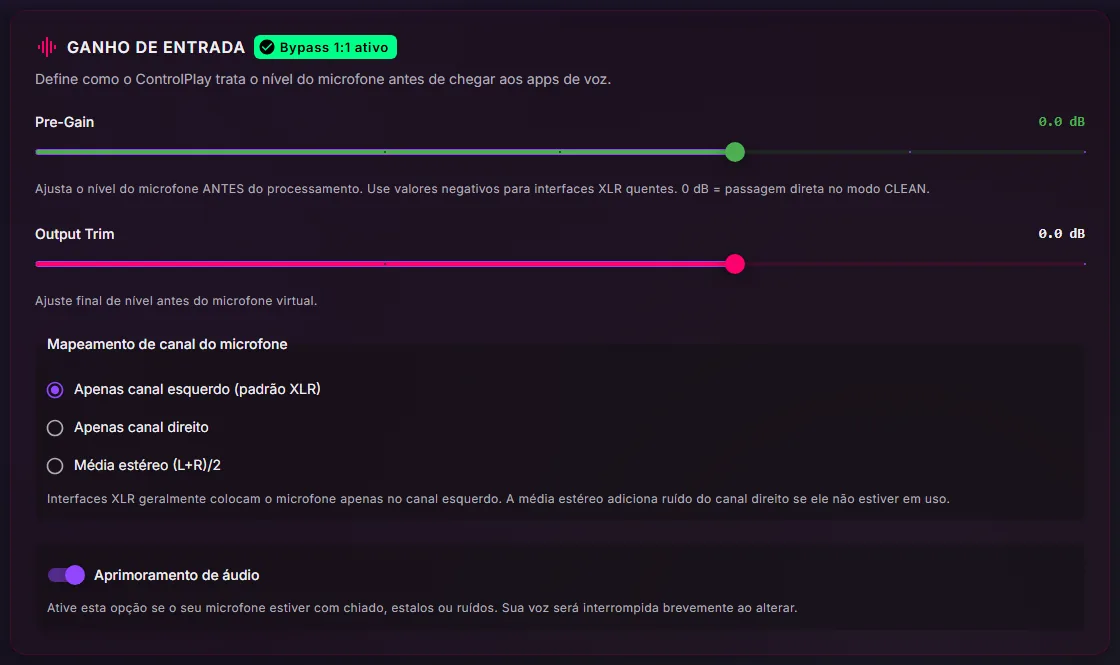 Card Ganho de entrada nas configurações de Áudio com Pre-Gain e Output Trim em 0 dB, Mapeamento de canal do microfone em Apenas canal esquerdo (padrão XLR) e Aprimoramento de áudio ativado