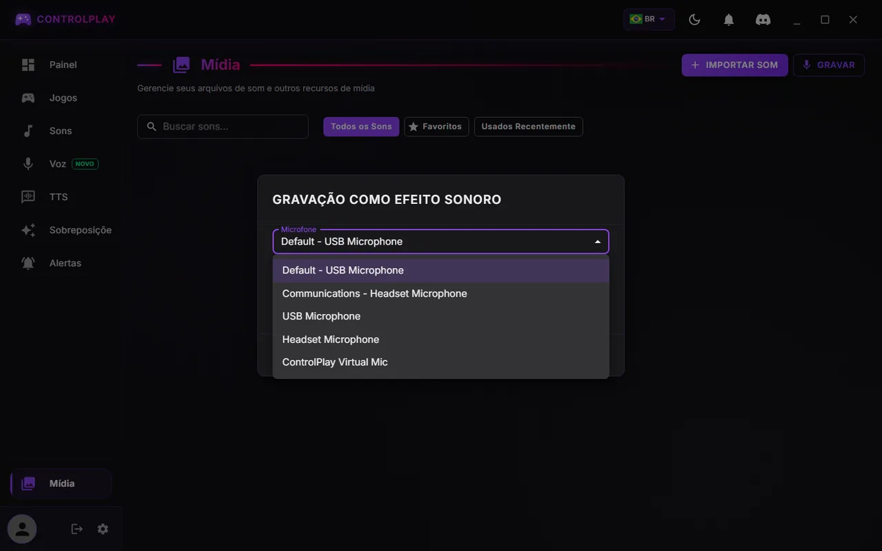 Janela Gravação como efeito sonoro com a lista Microfone aberta: entradas Default e Communications, USB Microphone, Headset Microphone e ControlPlay Virtual Mic