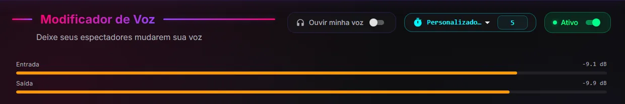 Página Modificador de Voz com o botão Ouvir minha voz no topo e os medidores de Entrada e Saída na zona laranja