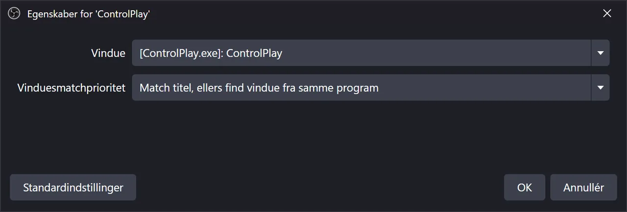 OBS' egenskaber for en Applikationslydoptagelse: Vindue [ControlPlay.exe]: ControlPlay, Vinduesmatchprioritet på Match titel, ellers find vindue fra samme program