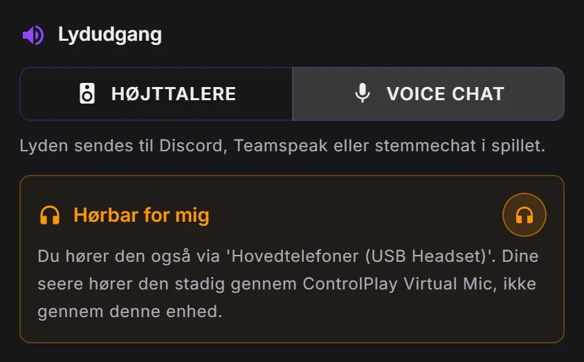 ControlPlays editor for lydeffekter: Lydudgang på Voice Chat og Hørbar for mig slået til
