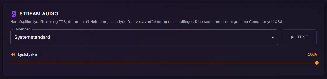 ControlPlay Indstillinger, Audio: kortet Stream Audio med Lydenhed på Systemstandard, knappen Test og skyderen Lydstyrke på 100 %