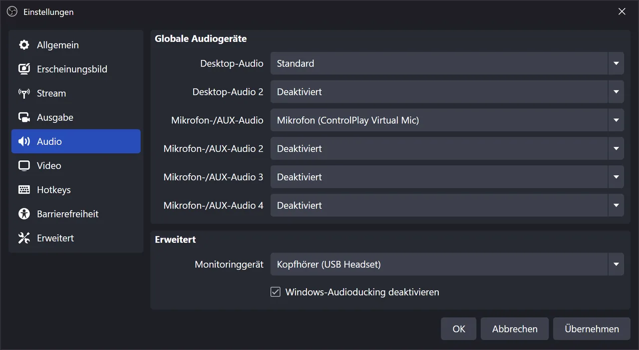 OBS-Audio für ControlPlay einstellen: Sounds, TTS und Stimme ohne Echo