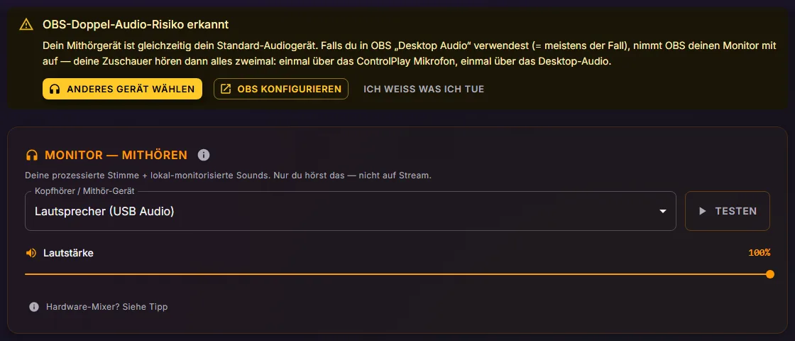 Audio-Einstellungen von ControlPlay mit dem Banner „OBS-Doppel-Audio-Risiko erkannt“ über dem Bereich Monitor, dessen Mithörgerät Lautsprecher (USB Audio) ist