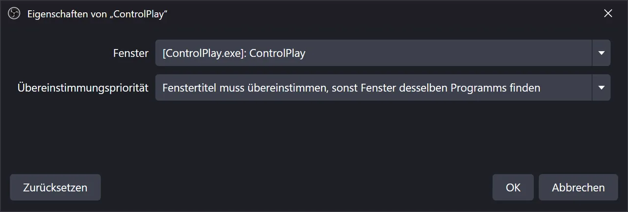 Eigenschaften einer Anwendungsaudioaufnahme in OBS: Fenster „[ControlPlay.exe]: ControlPlay“, Übereinstimmungspriorität auf „Fenstertitel muss übereinstimmen, sonst Fenster desselben Programms finden“