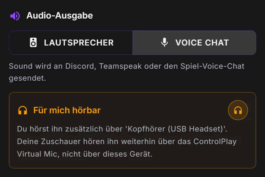 Sound-Effekt in ControlPlay bearbeiten: Audio-Ausgabe auf Voice Chat, Für mich hörbar eingeschaltet