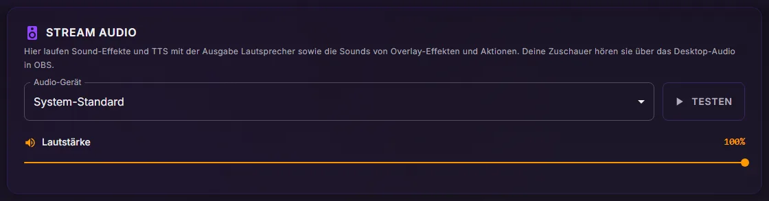 ControlPlay-Einstellungen, Tab Audio: der Bereich Stream Audio mit Audio-Gerät auf System-Standard, dem Button Testen und dem Regler Lautstärke auf 100 %
