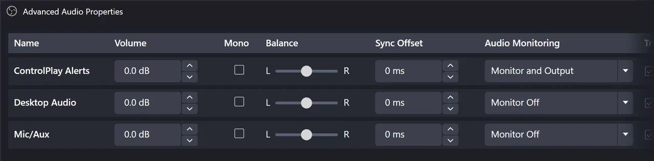 OBS Advanced Audio Properties: ControlPlay Alerts on Monitor and Output, Desktop Audio and Mic/Aux on Monitor Off