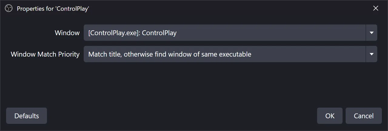 OBS properties of an Application Audio Capture source: Window [ControlPlay.exe]: ControlPlay, Window Match Priority on Match title, otherwise find window of same executable