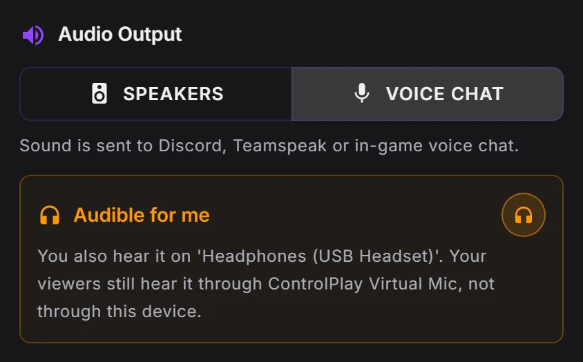 ControlPlay sound effect editor: Audio Output with Voice Chat selected and Audible for me switched on