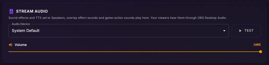 ControlPlay Settings, Audio: the Stream Audio card with Audio Device on System Default, the Test button and the Volume slider at 100%