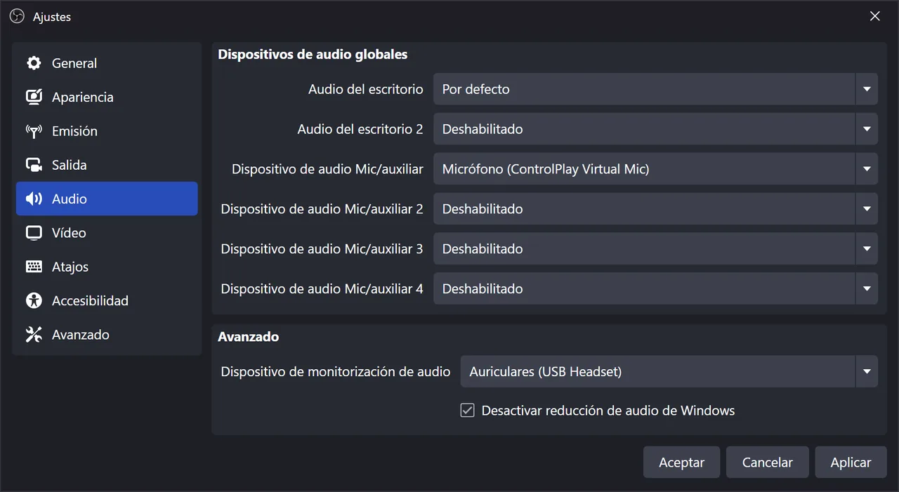 Configurar el audio de OBS para ControlPlay: sonidos, TTS y voz sin eco
