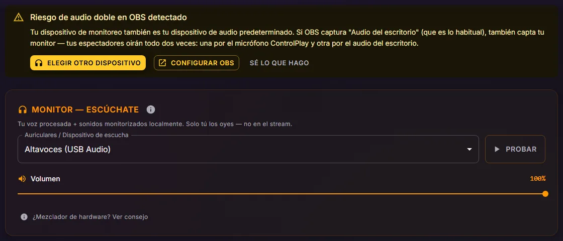 Ajustes de audio de ControlPlay con el aviso Riesgo de audio doble en OBS detectado sobre la tarjeta Monitor, cuyo dispositivo de escucha es Altavoces (USB Audio)