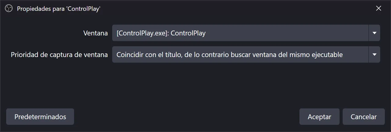 Propiedades de una fuente Captura de audio de aplicación en OBS: Ventana [ControlPlay.exe]: ControlPlay, Prioridad de captura de ventana en Coincidir con el título, de lo contrario buscar ventana del mismo ejecutable