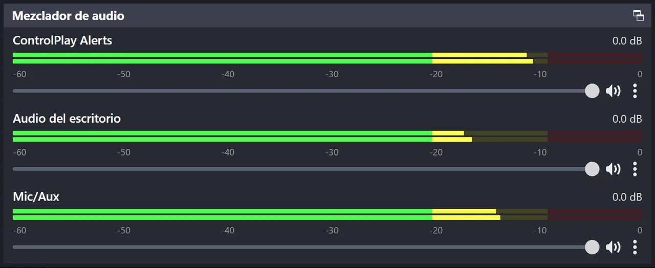 Mezclador de audio de OBS con los medidores en movimiento de ControlPlay Alerts, Audio del escritorio y Mic/Aux