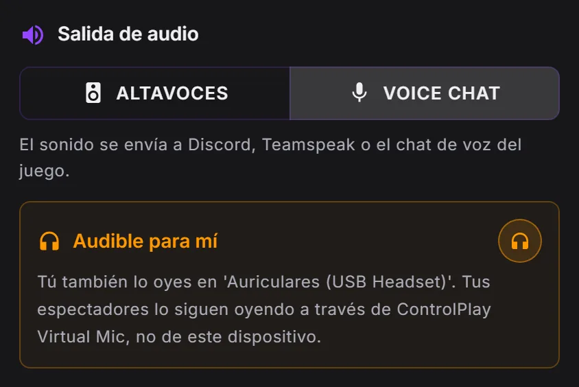 Editor de efectos de sonido de ControlPlay: Salida de audio con Voice Chat seleccionado y Audible para mí activado
