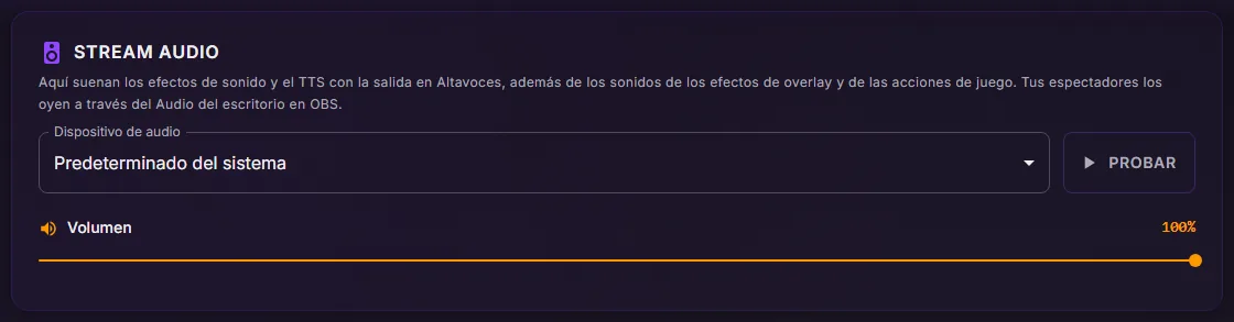 Configuración de ControlPlay, Audio: la tarjeta Stream Audio con Dispositivo de audio en Predeterminado del sistema, el botón Probar y el control Volumen al 100 %