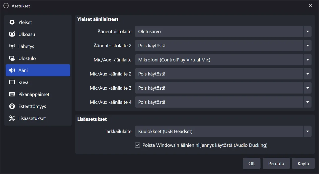 ControlPlayn ääni OBS:ssä: äänet, TTS ja puhe ilman kaikua