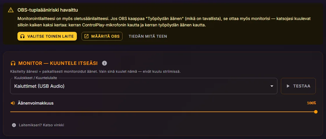 ControlPlayn audioasetukset ja OBS-tuplaääniriski havaittu -banneri Monitor-kortin yläpuolella, kuuntelulaitteena Kaiuttimet (USB Audio)