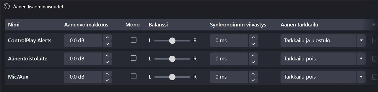 OBS:n Äänen lisäominaisuudet: ControlPlay Alerts arvossa Tarkkailu ja ulostulo, Äänentoistolaite ja Mic/Aux arvossa Tarkkailu pois