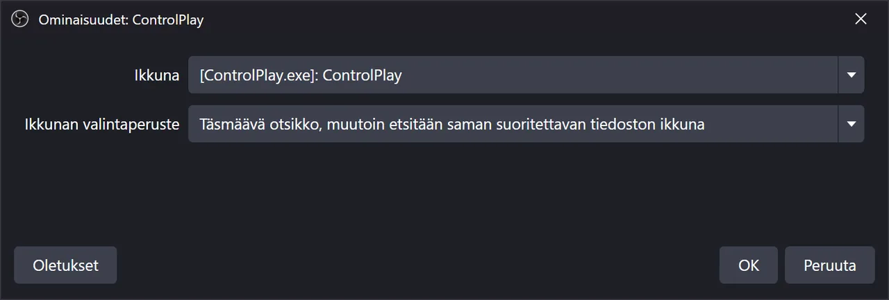 OBS:n Sovelluksen äänenkaappaus -lähteen ominaisuudet: Ikkuna [ControlPlay.exe]: ControlPlay, Ikkunan valintaperuste arvossa Täsmäävä otsikko, muutoin etsitään saman suoritettavan tiedoston ikkuna