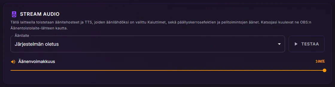 ControlPlayn Asetukset, Audio: Stream Audio -kortti, jossa Äänilaite on Järjestelmän oletus, Testaa-painike ja Äänenvoimakkuus-liukusäädin 100 %:ssa