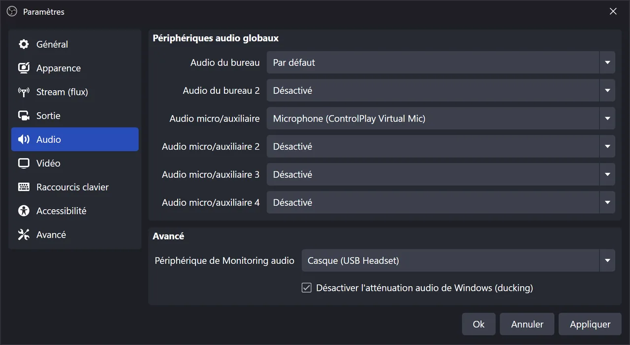 Régler l'audio d'OBS pour ControlPlay : sons, TTS et voix sans écho