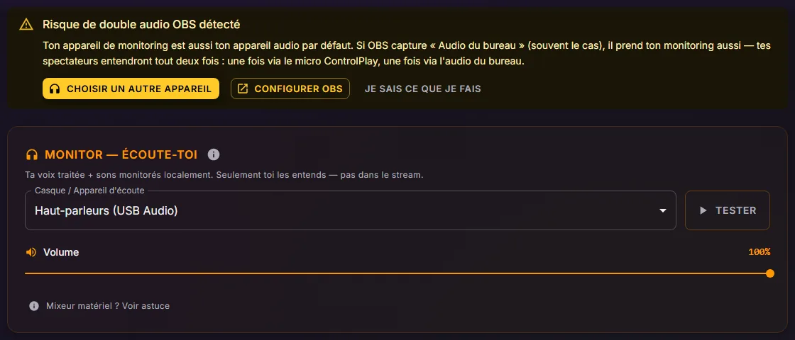 Paramètres audio de ControlPlay avec la bannière Risque de double audio OBS détecté au-dessus de la carte Monitor, dont l'appareil d'écoute est Haut-parleurs (USB Audio)