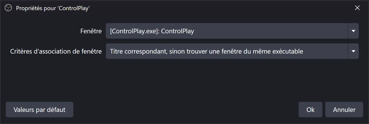 Propriétés d'une source Capture audio de l'application dans OBS : Fenêtre [ControlPlay.exe]: ControlPlay, Critères d'association de fenêtre sur Titre correspondant, sinon trouver une fenêtre du même exécutable
