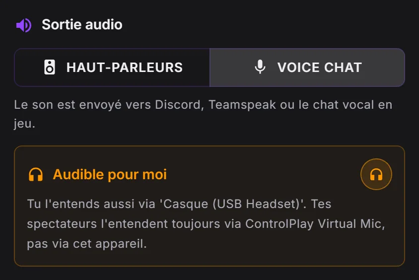 Éditeur d'effet sonore de ControlPlay : Sortie audio sur Voice Chat et Audible pour moi activé