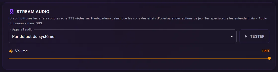 Paramètres de ControlPlay, Audio : la carte Stream Audio avec Appareil audio sur Par défaut du système, le bouton Tester et le curseur Volume à 100 %