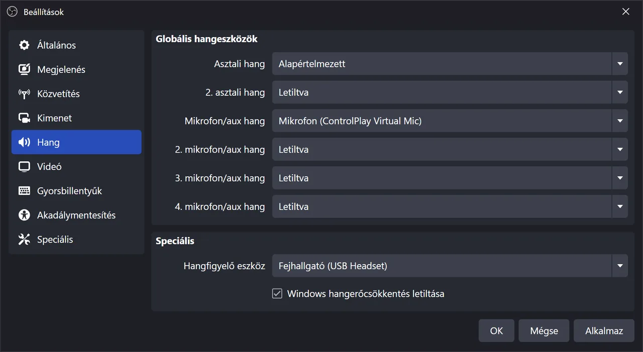 OBS-hangbeállítás a ControlPlayhez: hangok, TTS és a hangod visszhang nélkül