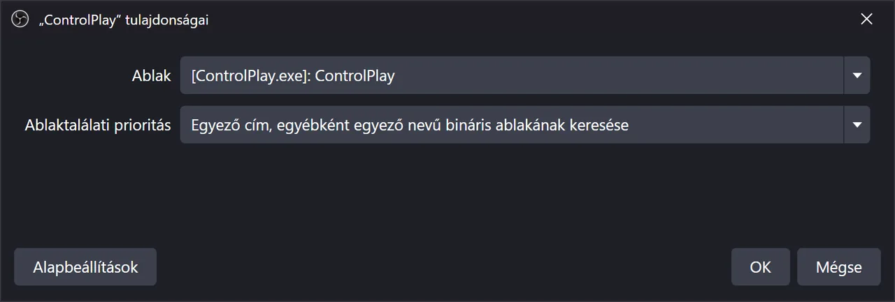Az Alkalmazás hangjának rögzítése forrás tulajdonságai az OBS-ben: Ablak [ControlPlay.exe]: ControlPlay, Ablaktalálati prioritás Egyező cím, egyébként egyező nevű bináris ablakának keresése