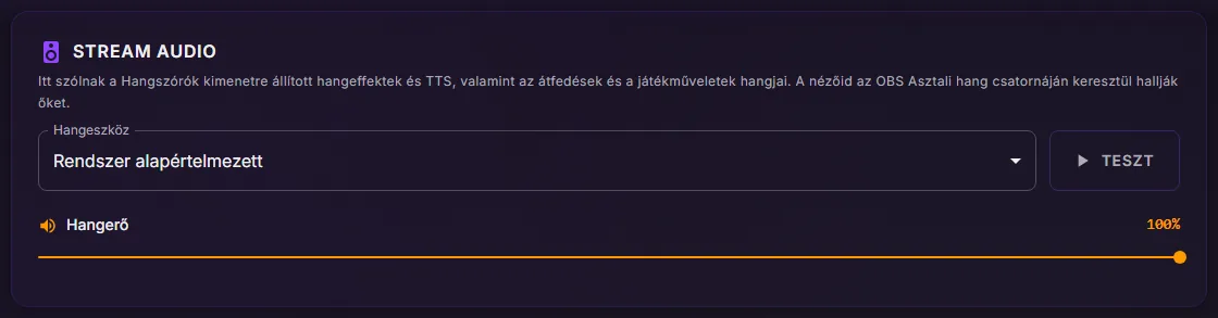 A ControlPlay Beállítások Audio lapja: a Stream Audio kártya Rendszer alapértelmezett hangeszközzel, a Teszt gombbal és a Hangerő csúszkával 100 százalékon