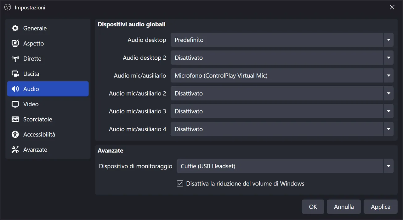 Configurare l'audio di OBS per ControlPlay: suoni, TTS e voce senza eco